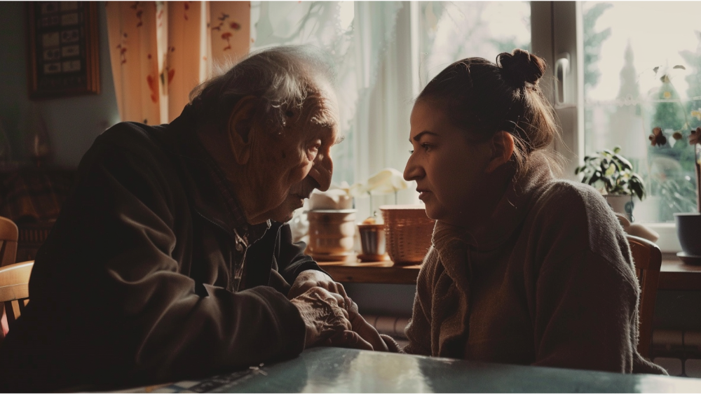 A daughter giving care to her father