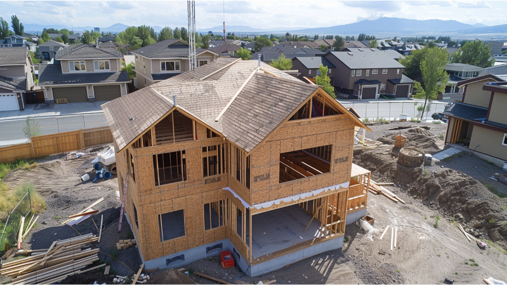 A home being built around pre-existing homes