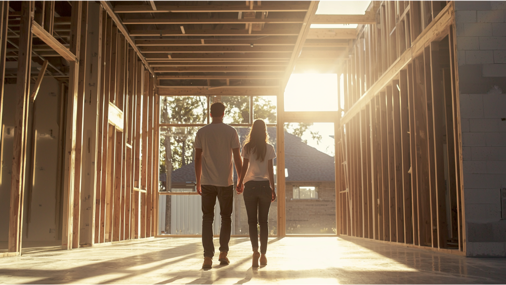 A couple walking through their house that is under construction