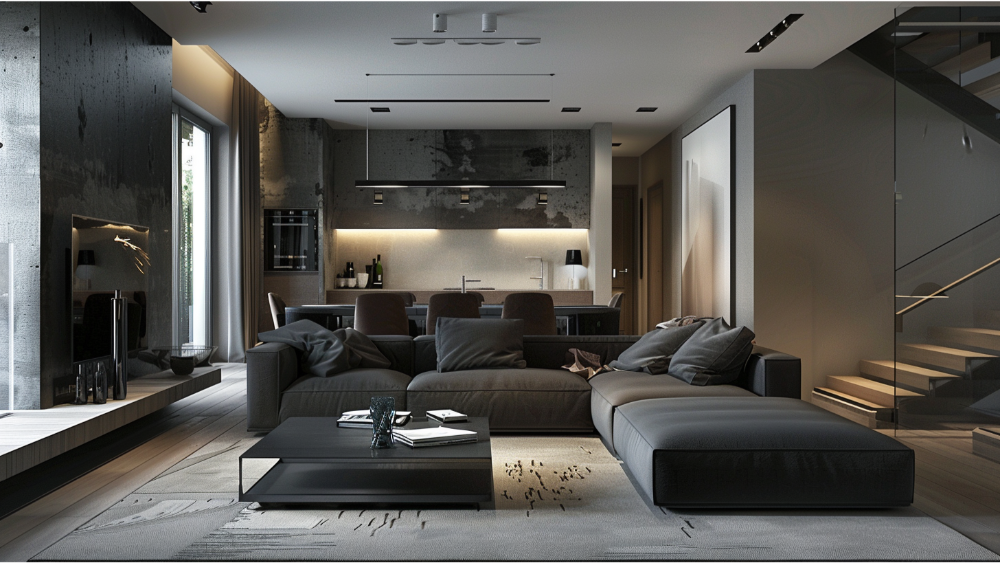 A brutalist interior designed living room