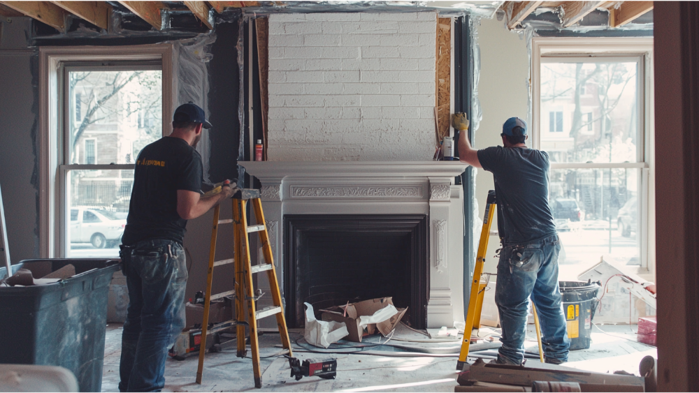 A team remodeling a fireplace