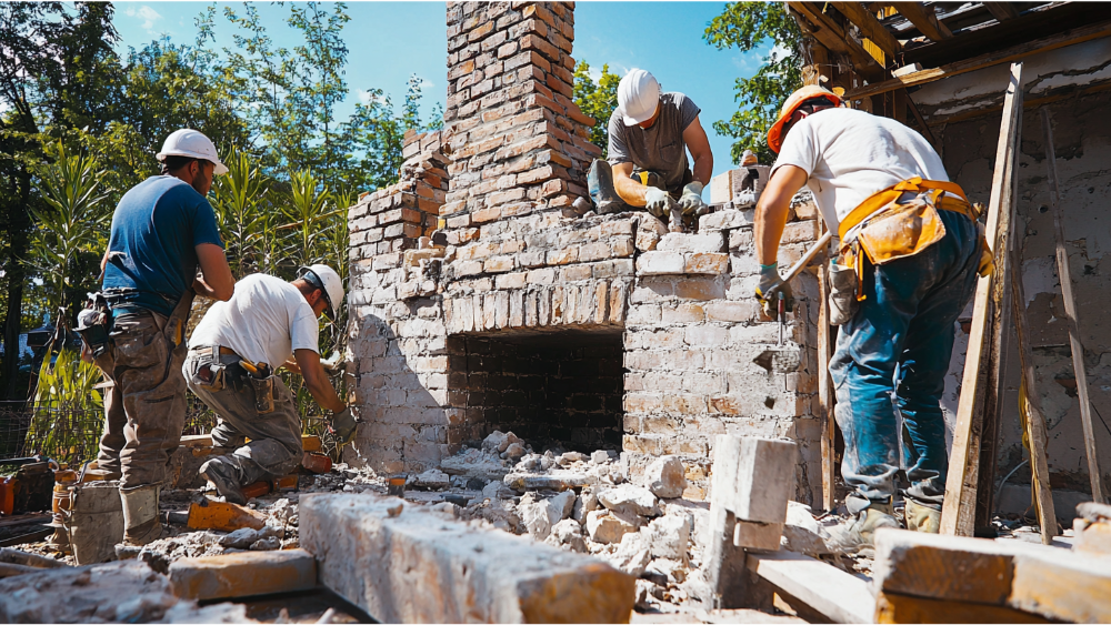 A team remodeling a fireplace outside