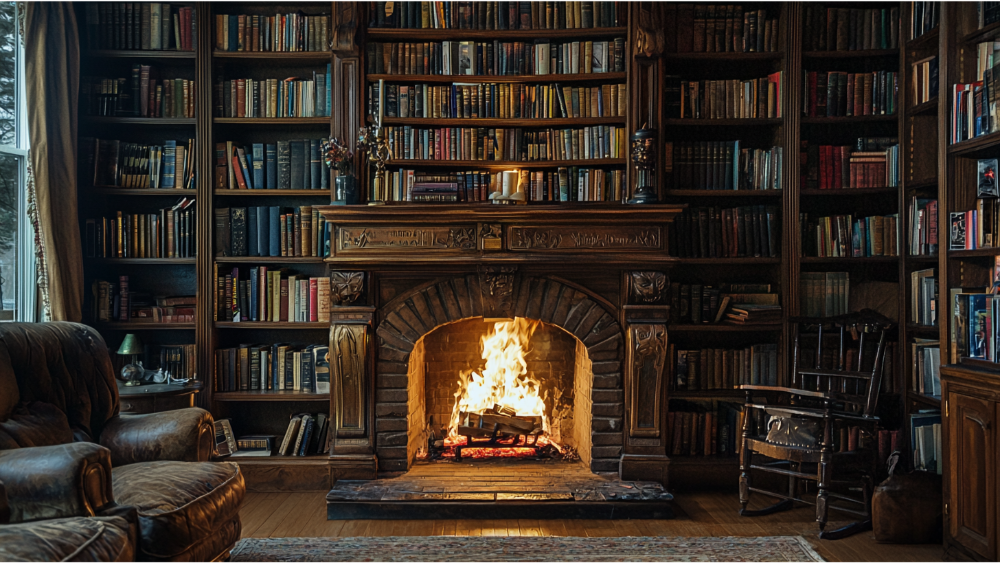 A fireplace with bookshelves