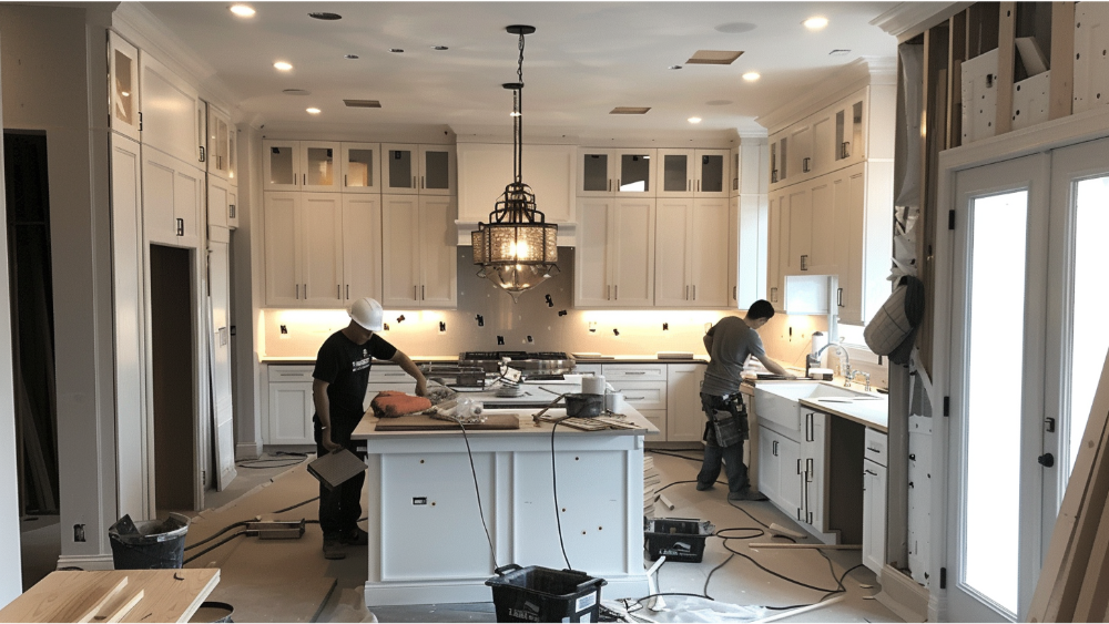 Two people working on a kitchen remodel