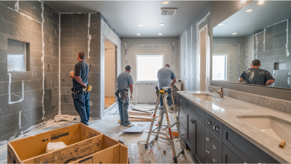 A team adding a bathroom to a house