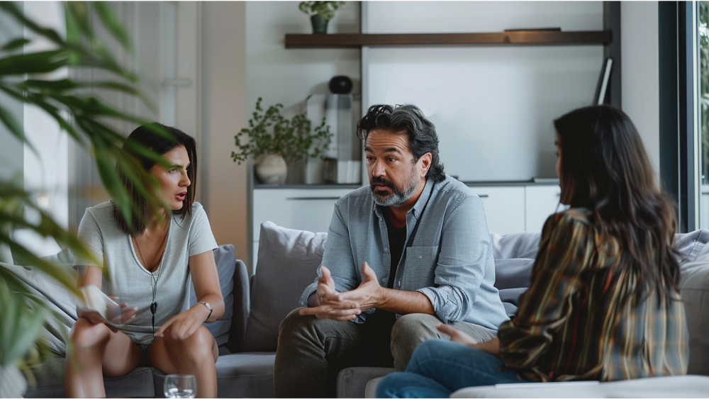 An interior designer talking to the homeowners