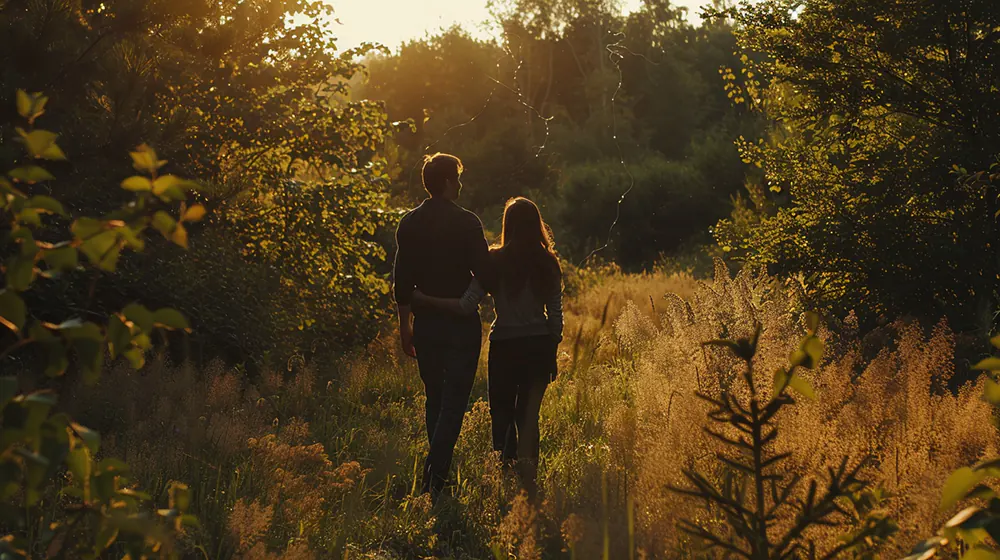 A couple scouting land for their home