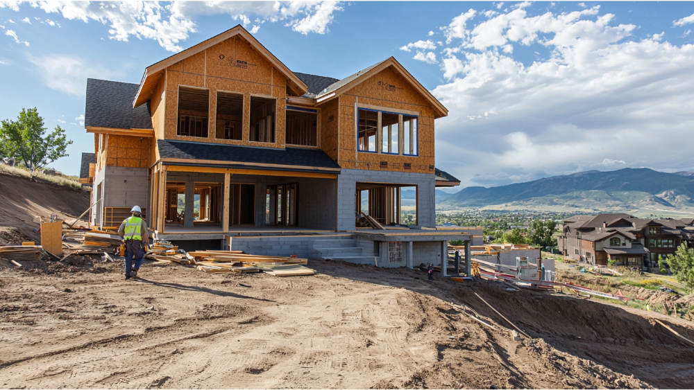 A coontractor in front of a house that is under construction