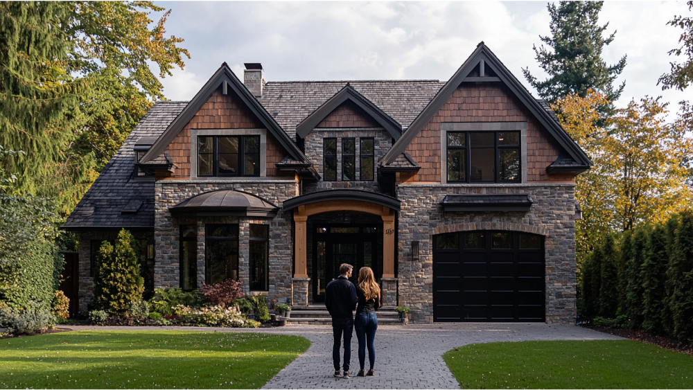 A couple standing in front of their new home