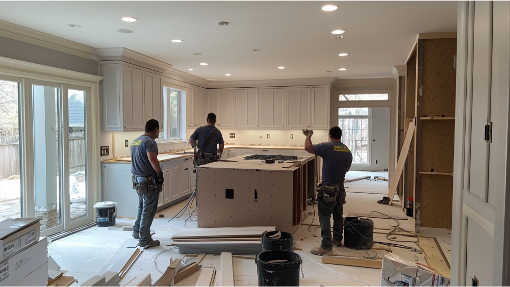 Three men remodeling a home