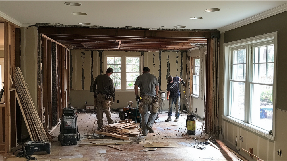 Three men remodeling a home