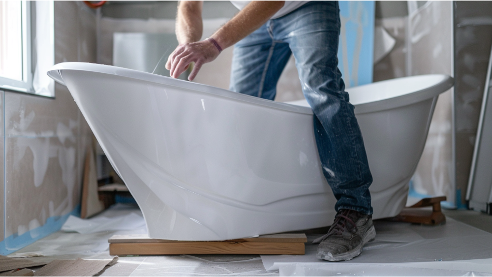 A man installing a bathtub in a bathroom