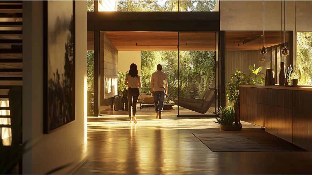 A couple walking through a house