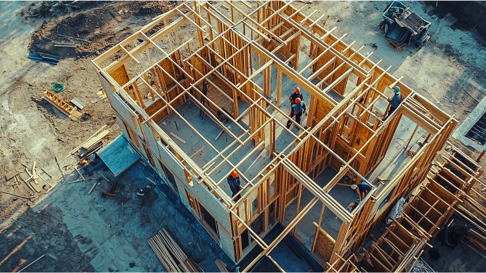 A team working on the framing of a custom home