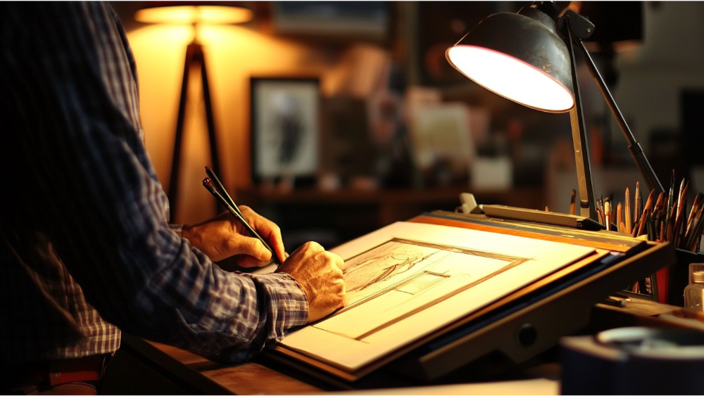 A drafting table being used